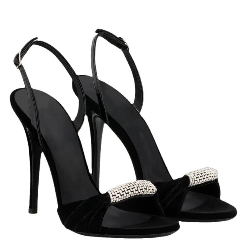 Suede Fine High Heels Open Toe Rhinestone Party Dress Shoes Sandals Female Wedding Shoe Bride Sandalias Mujer