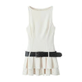 Woman Tank Dress High Waist Pleated Aline Dresses With Belt Sleeveless Slim Fit Mini Dress
