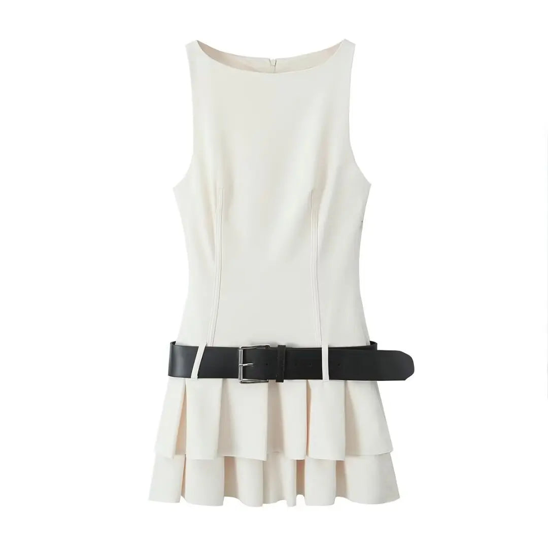 Woman Tank Dress High Waist Pleated Aline Dresses With Belt Sleeveless Slim Fit Mini Dress