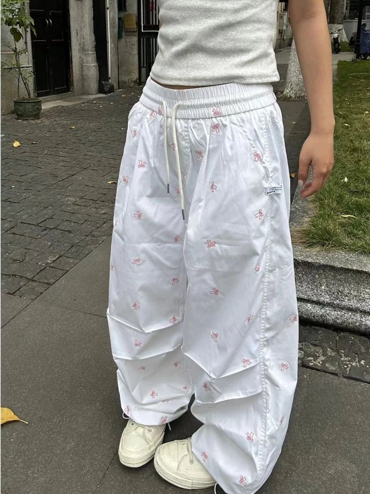 Y2k Parachute White Jogger Pants Baggy Bow Printed Sweatpants Hip Hop Slouchy Sporty Bottoms