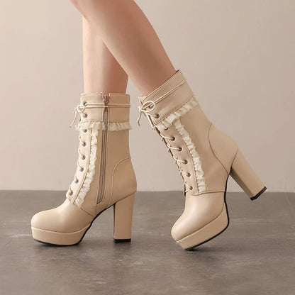 Ruffles Lolita Wedding Boots Chunky Block Square High Heels Lace Up Thick Platform Gothic Shoes Black White Pink