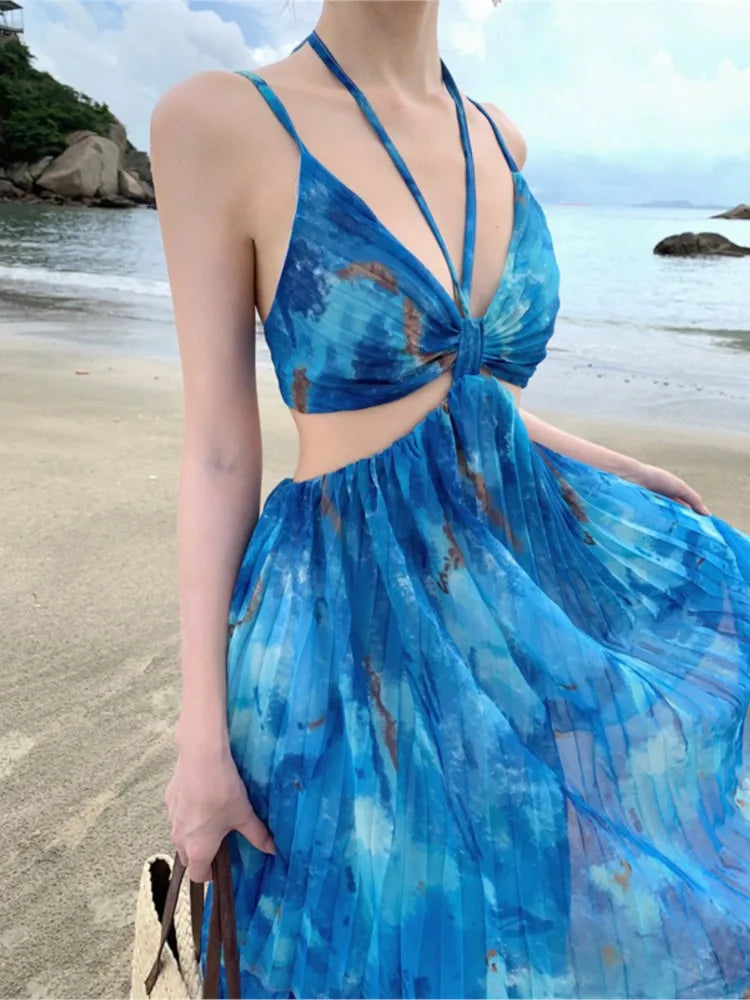 Halter Sleeveless Midi Dress Aline Beach Holiday Clothes Female Print Long Robe New Vestidos