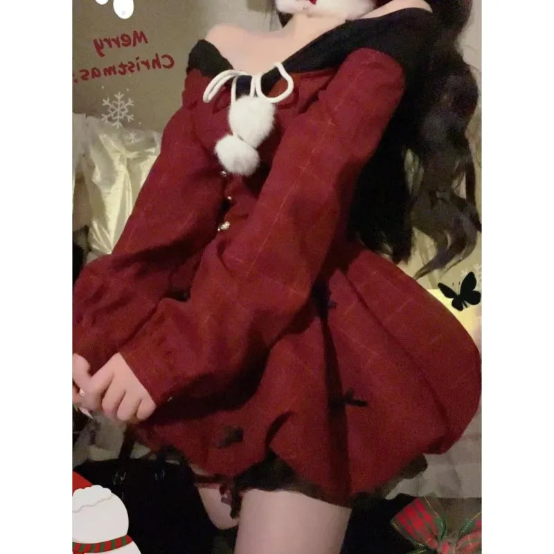 Y2k Christmas Red Party Dress Sweet Plaid Bow Dresses Female Korean Kawaii Mini Dress
