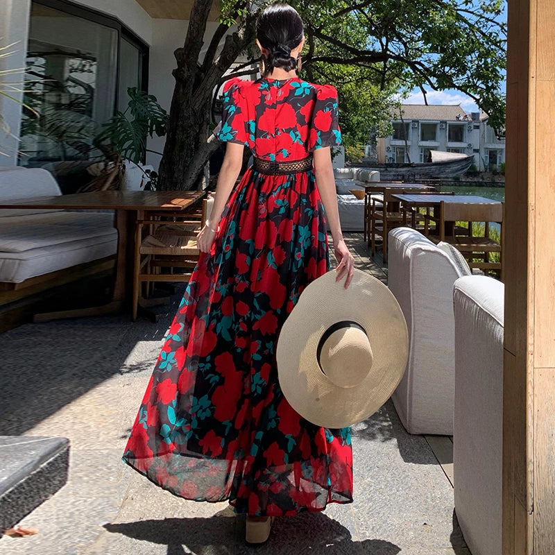 French Lace Retro Long Dresses for Print Puff Sleeve Vneck High Waist Dress Loose Oversize Beach Vestidos