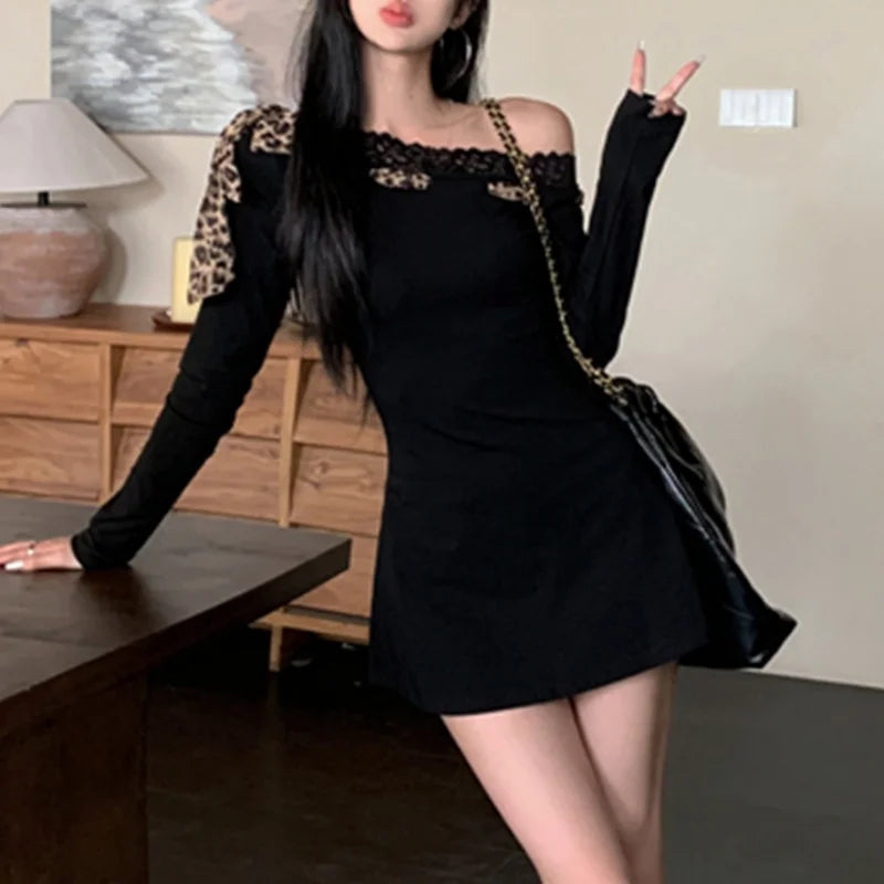 Dress Y2k Clothes Leopard Print Lace Trim Off Shoulder Long Sleeve a Line Mini Dress Party Dresses Clubwear
