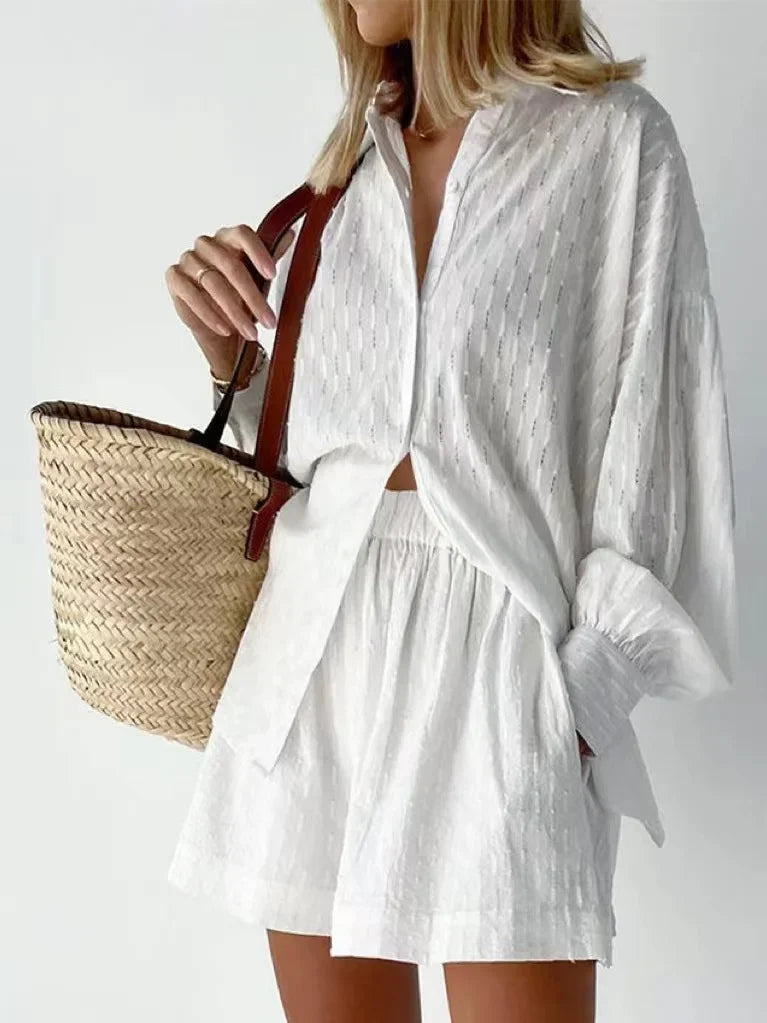 New Beach Shirt Shorts Twopiece Set Summer Tracksuit Female Loose Long Sleeve Top Suit Lounge Wear Homewear