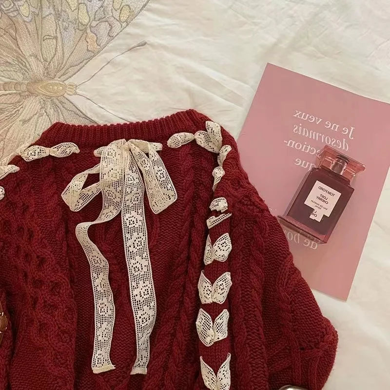 Sweet Hot Girl Christmas Red Twist Sweater Autumn/winter Laceup Bow Knitted Pullover Female Clothes