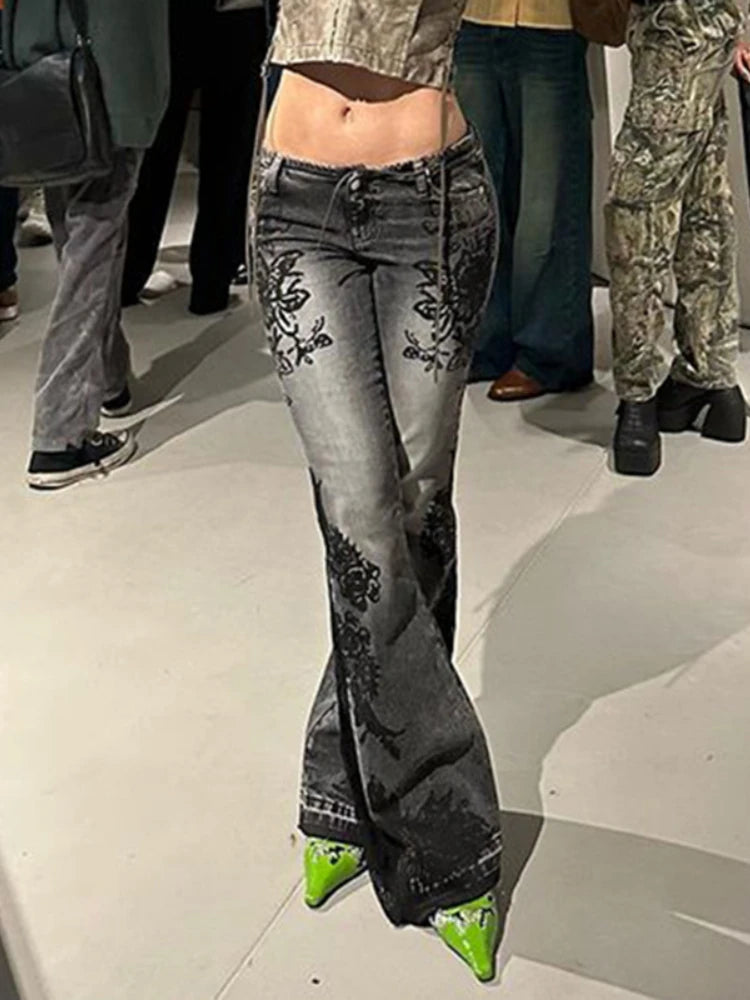 Y2k Flared Jeans 2000s Print Distressed Low Waist Slim Denim Pants Korean Retro Trousers