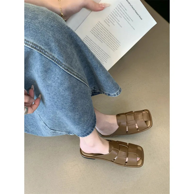 Slippers Summer Shoes Low Slides Cover Toe Pantofle Fretwork Heels Flat Rubber Pu Fabric Hoof Shoes Wo