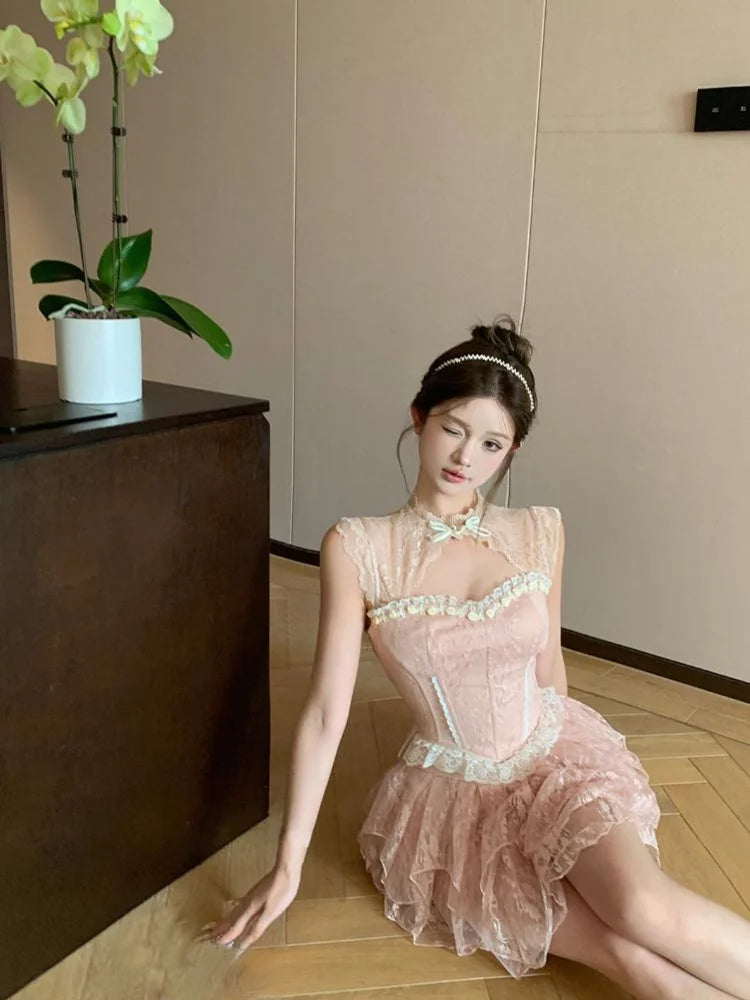 Sweet 2 Piece Skirt Sets Female Bow Lace Patchwork Y2k Corset Blouse + Mini Skirts Japanese Lolita Suits Summer New
