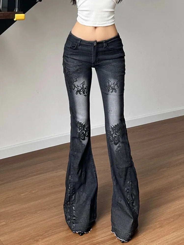 Y2k Flared Jeans 2000s Print Distressed Low Waist Slim Denim Pants Korean Retro Trousers