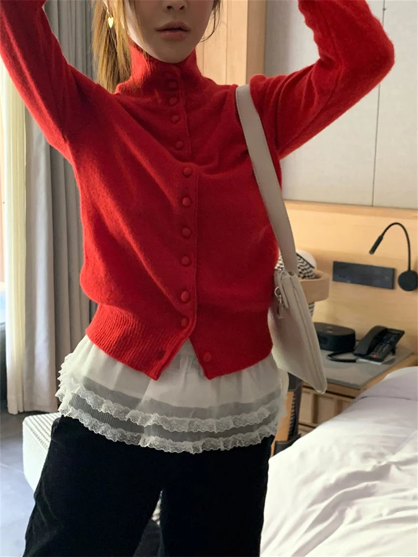 Red Sweaters Knitted Loose Daily All Match Autumn Cardigans New Gentle Sweet