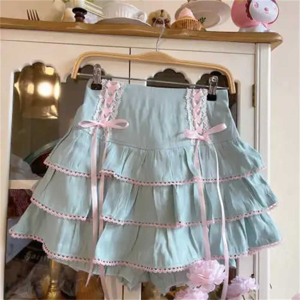 High Waist Bow Laceup Fairy Y2k Aesthetic Cake Mini Skirts Japanese Harajuku Kawaii Lace Pleated Skirts