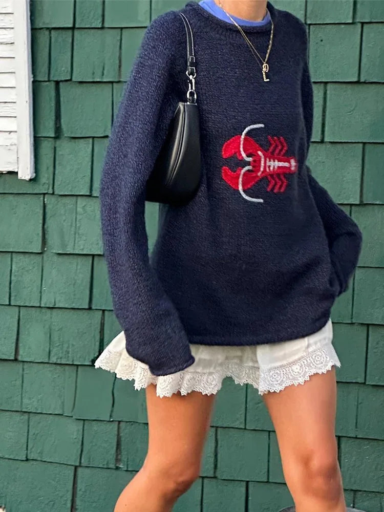 Y2k Goth Cartoon Sweater Long Sleeve Knitted Pullovers Oversized O-neck Warm Cotton .