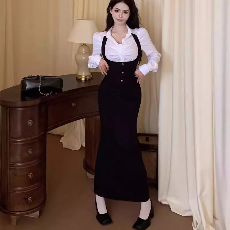 Y2k 3-piece Set Crop Coat Blazer White Shirt Halter Sleeveless Bodycon Midi Dress Autumn New Female Korean Outfits