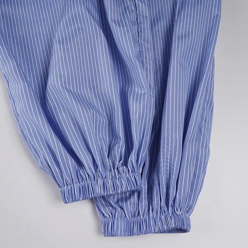 Blue Striped Print Pants Elastic Low Rise Loose Trousers Y2k Aesthetic Korean Style Hippie Trousers