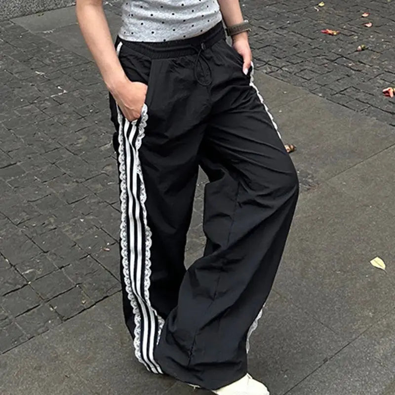 Coquette Sweatpants Summer Y2k Lace Stripe Patchwork Elastic Waist Sports Pants Trousers