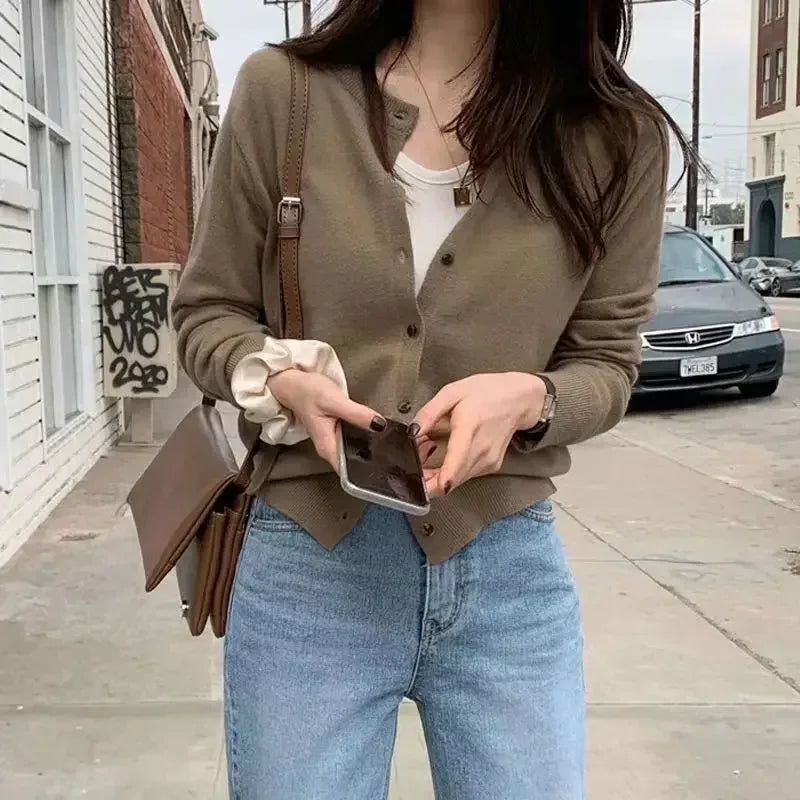 Spring Autumn ’s Knitted Cardigan Korean Single Breasted Long Sleeve Jumper Woman Round Neck Cardigans Outwear