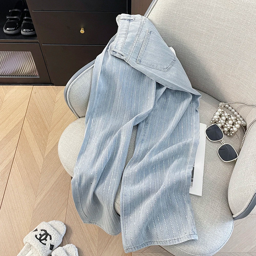 Korean Shiny Hot Diamond Temperament High Waisted Straight Tube Loose and Slimming Narrow Version Wide Leg Denim Pants for