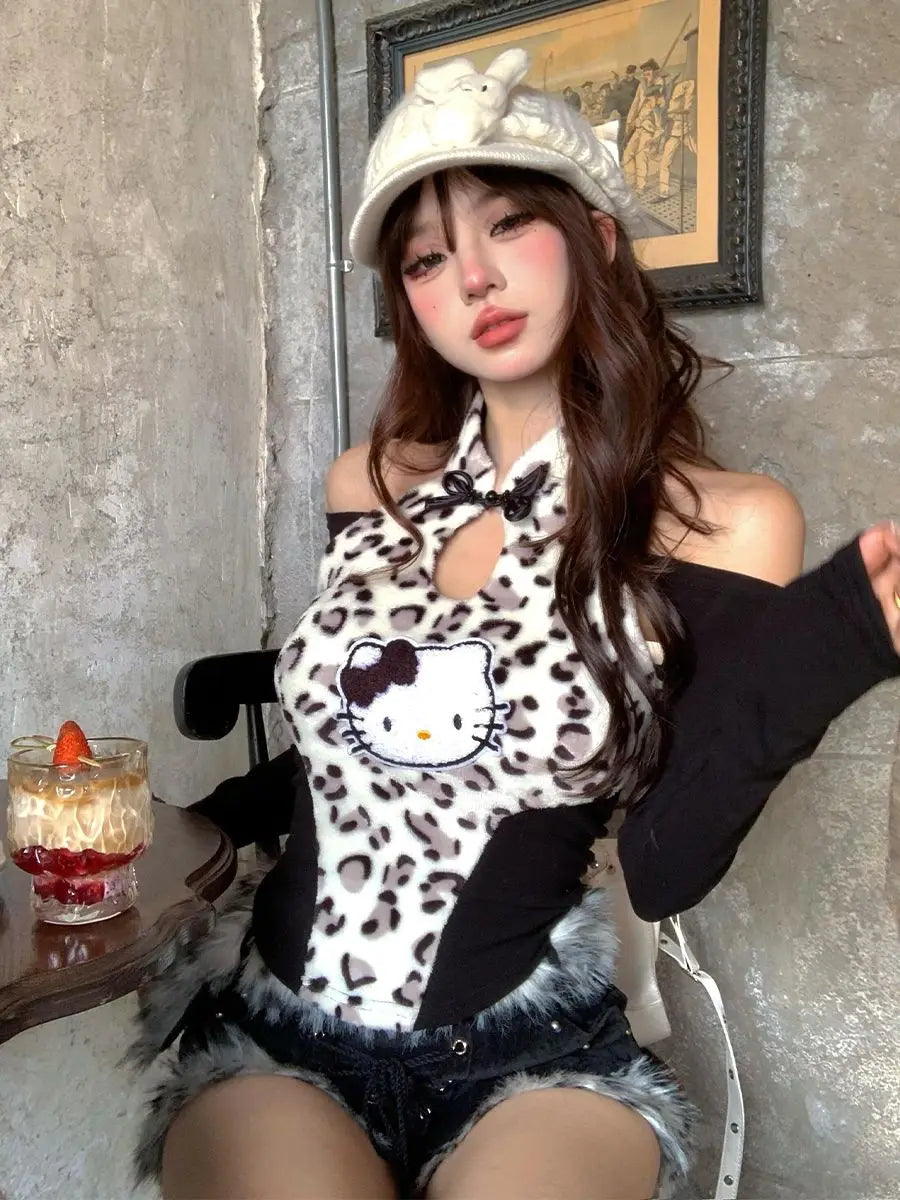 Autumn New Spicy Girl Leopard Pattern Splicing Slim Fit Top High Waist Furry Shorts Set Two Piece Sets Outfits
