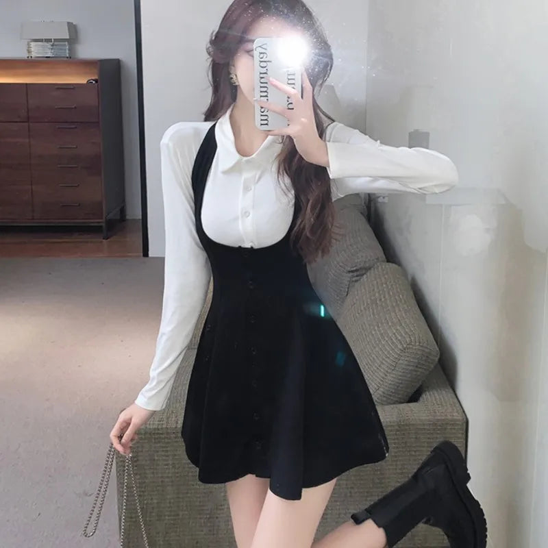 Autumn New Two-piece Skirt Sets Long Sleeve White Blouse High Waist Halter Mini Dress Korean Y2k Harajuku Outfits