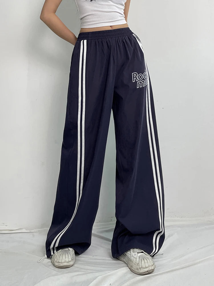 Side Stripe Elastic High Waist Loose Straight Leg Pants Letter Print Street Style Hippie Baggy Trousers Preppy