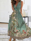 Summer Flower Printed Sleeveless Long Dresses V-neck Lady Party A-line Dress Maxi Evening Vestidos New