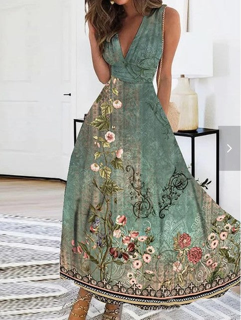 Summer Flower Printed Sleeveless Long Dresses V-neck Lady Party A-line Dress Maxi Evening Vestidos New