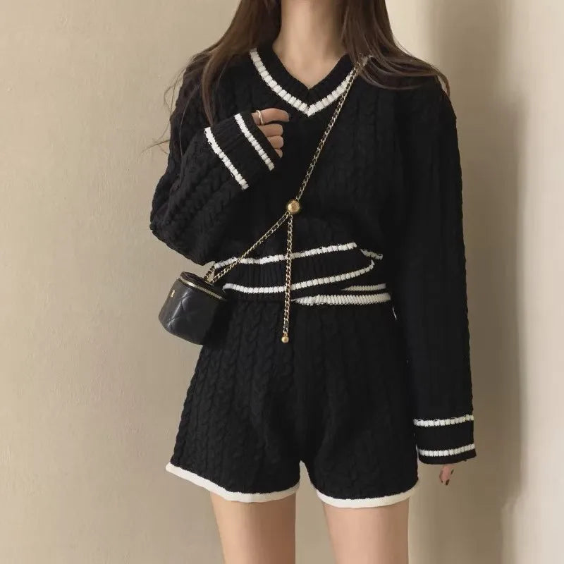 Autumn New Korean Knitted Two-piece Shorts Set V-neck Pullover Crop Top Shorts Pants Suit Female Clothing