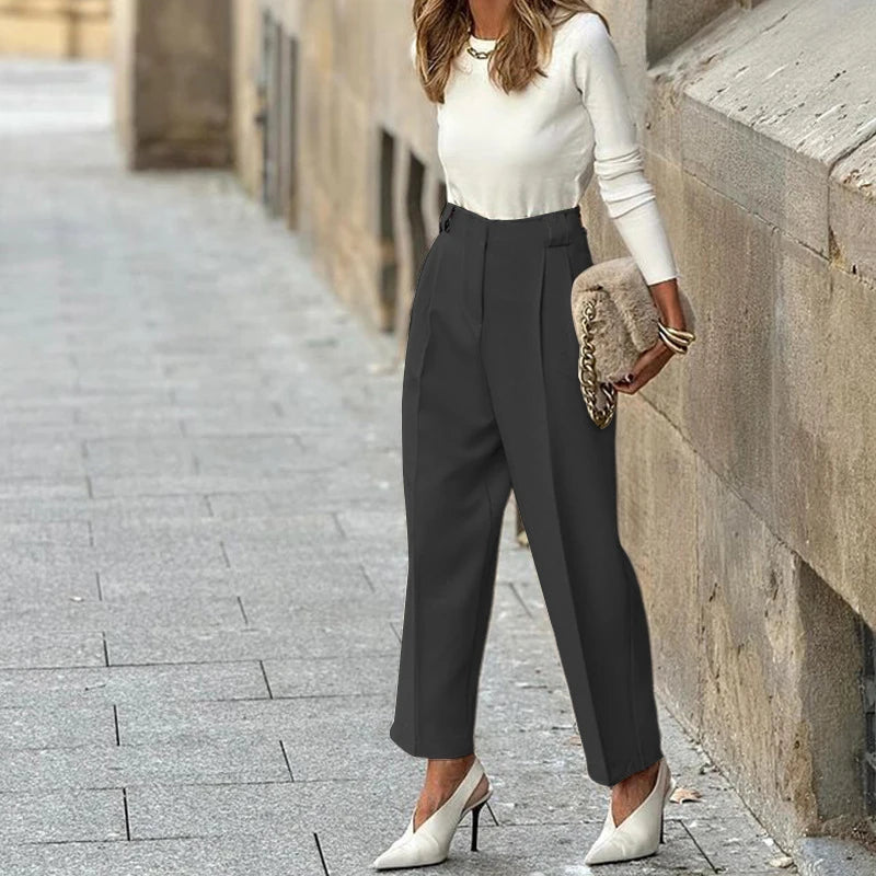 Color Temperament Nine Point Pants High Waist Straight Pants Female Pockets Commute Blazer Trousers