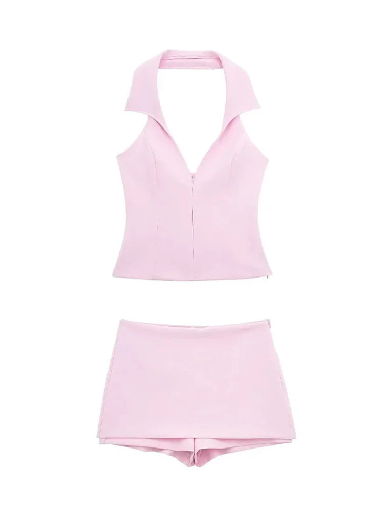 2 Piece Set Halter Tank Tops Sleeveless Slim Cropped Top Female High Waist Mini Skirts Shorts