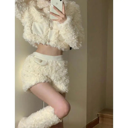 Lamb Fur Shorts Set Autumn and Winter New Plush Warm Slim Short Coat+high Waist Short Two Piece Sets Outfits