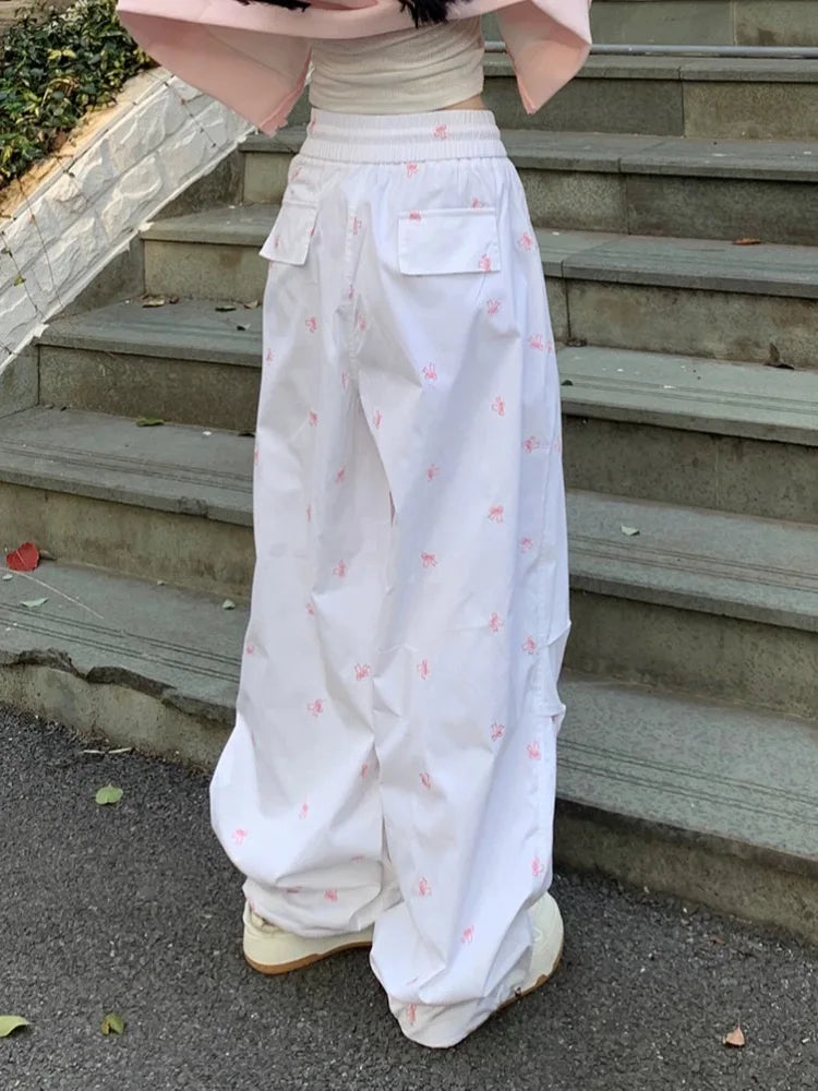 Y2k Parachute White Jogger Pants Baggy Bow Printed Sweatpants Hip Hop Slouchy Sporty Bottoms