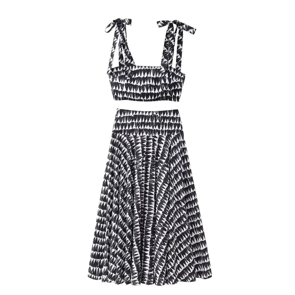2 Piece Set Printed Bow Lace Up Cropped Camisole Sleeveless Tops High Waist Aline Pleated Skirts