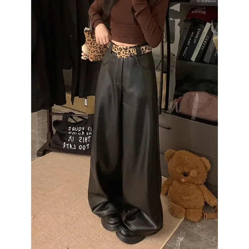 Color Allmatch Leather Wide Leg Pants Winter New High Waist Leopard Belt Loose Pants