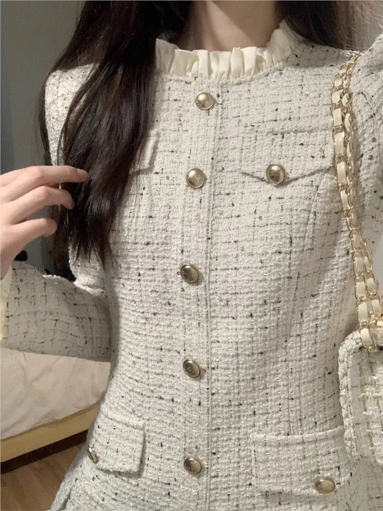 French Coat Dresses for Long Sleeve O-neck Ruffles A-line Short Dress Autumn Spring Korean Vestidos Mujer New