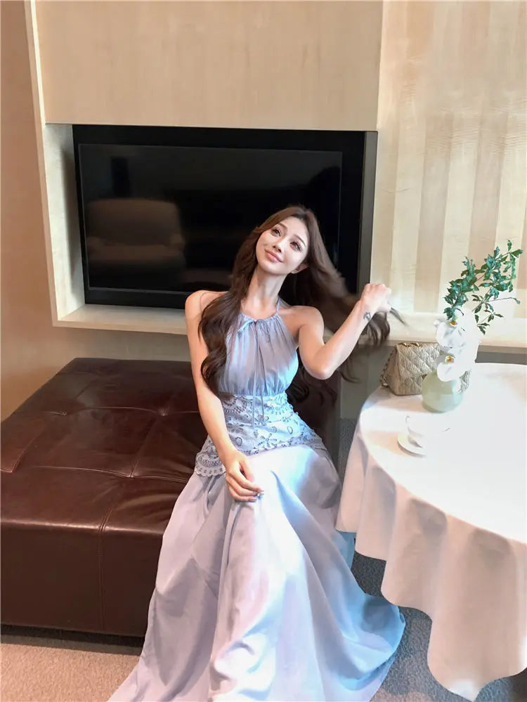 Lace Patchwork Hanging Neck Dress Summer Waist Cinched Sleeveless Spicy Girl Temperament Aline Long Dresses