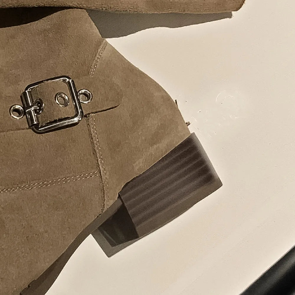 3442 Natural Suede Leather Flats Autumn Western Boots Double Metal Buckle Long Boots Shoes