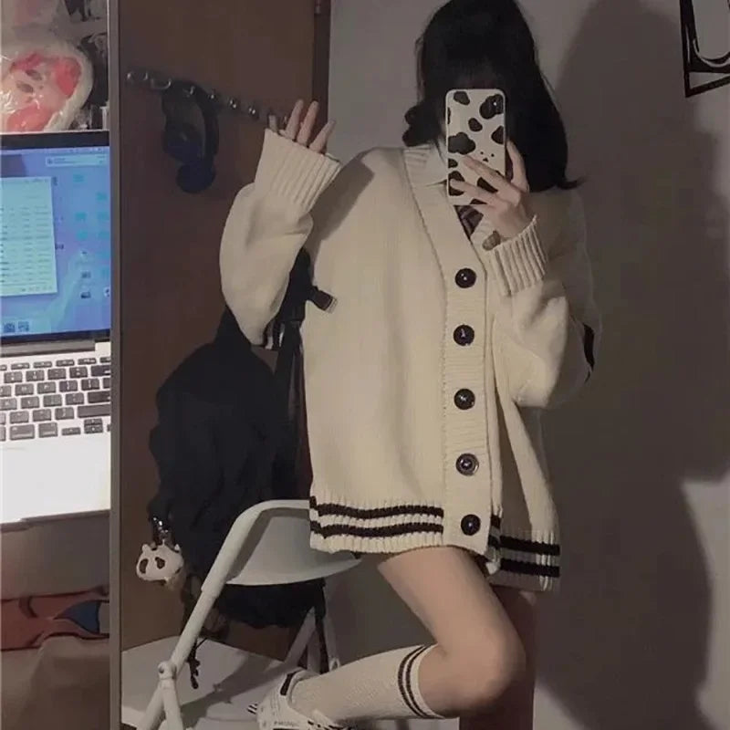 Striped Loose Cardigan Y2k Autumn Winter Single Breasted Sweater Korean Female Knitted Coat