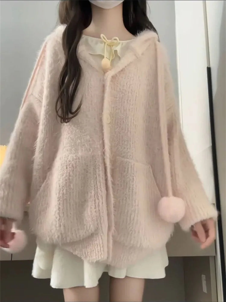 Sweater Sweet Furry Hooded Long Sleeve Loose Stretch Single Breasted Pockets Ball Drawstring Knitted Cardigan
