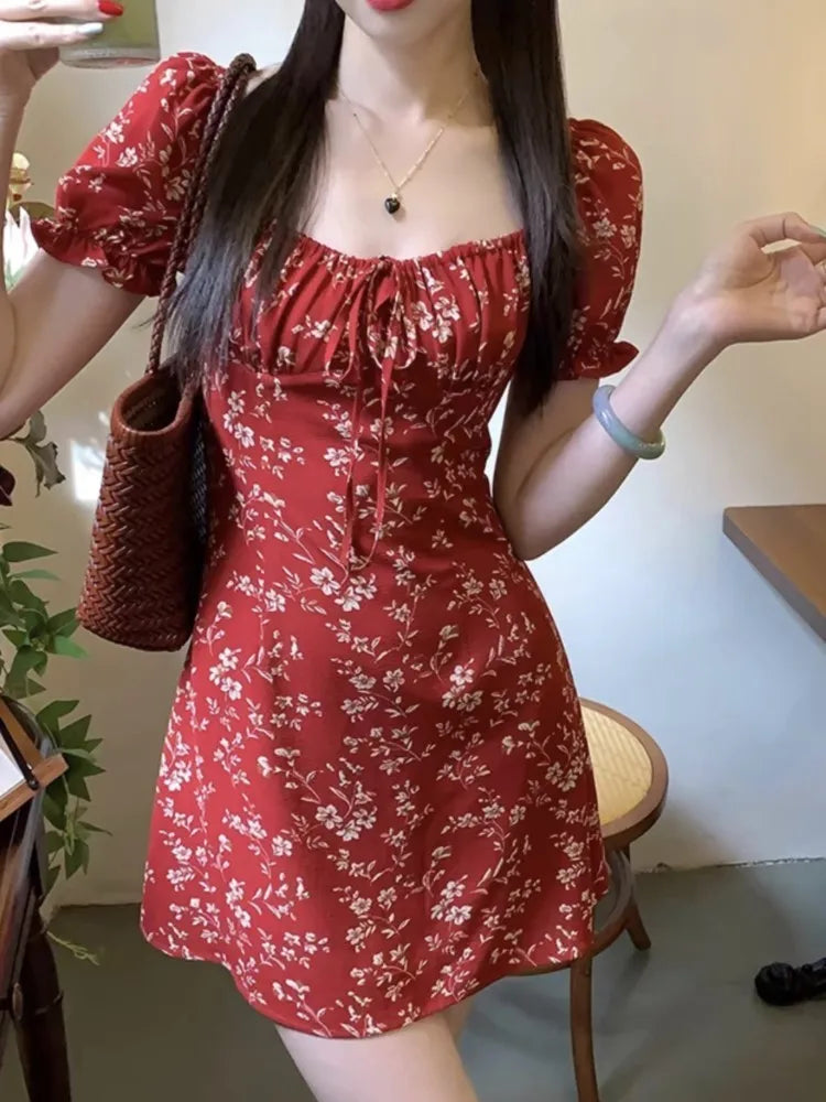 Summer New Printed Midi Dresses for Square Collar Puff Sleeve French Korean One Piece Vestido Mujer