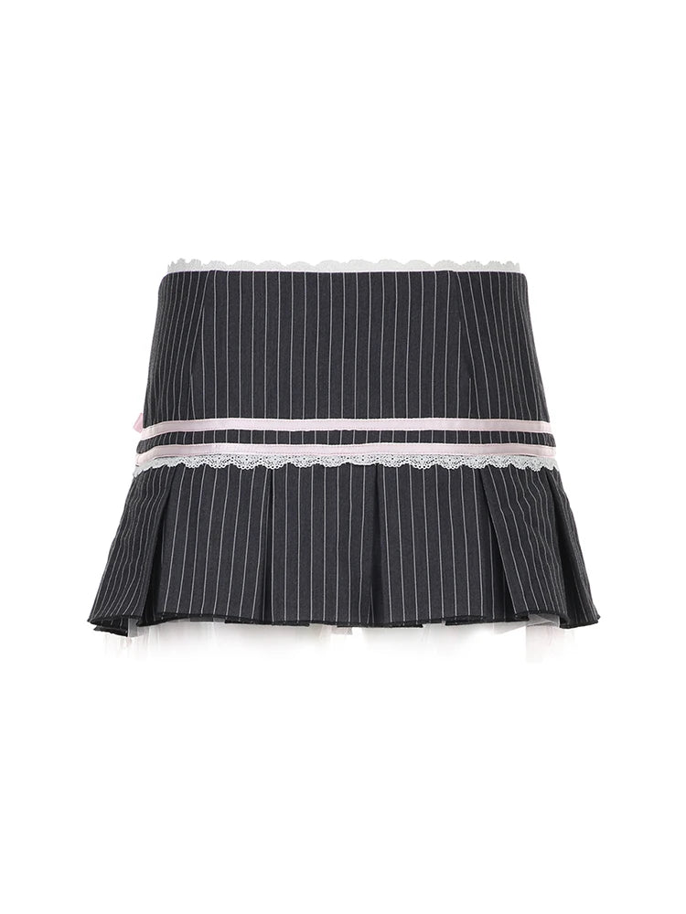 Contrast Lace Bow Stripe Y2k Mini Pleated Skirt Button Up Low Waist a Line Kawaii Sweet Ballet Preppy Skirts