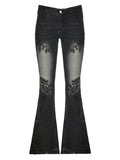 Y2k Flared Jeans 2000s Print Distressed Low Waist Slim Denim Pants Korean Retro Trousers