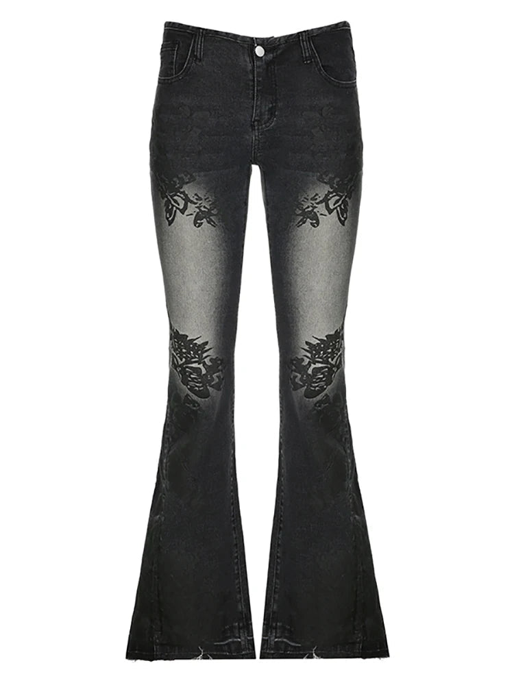 Y2k Flared Jeans 2000s Print Distressed Low Waist Slim Denim Pants Korean Retro Trousers