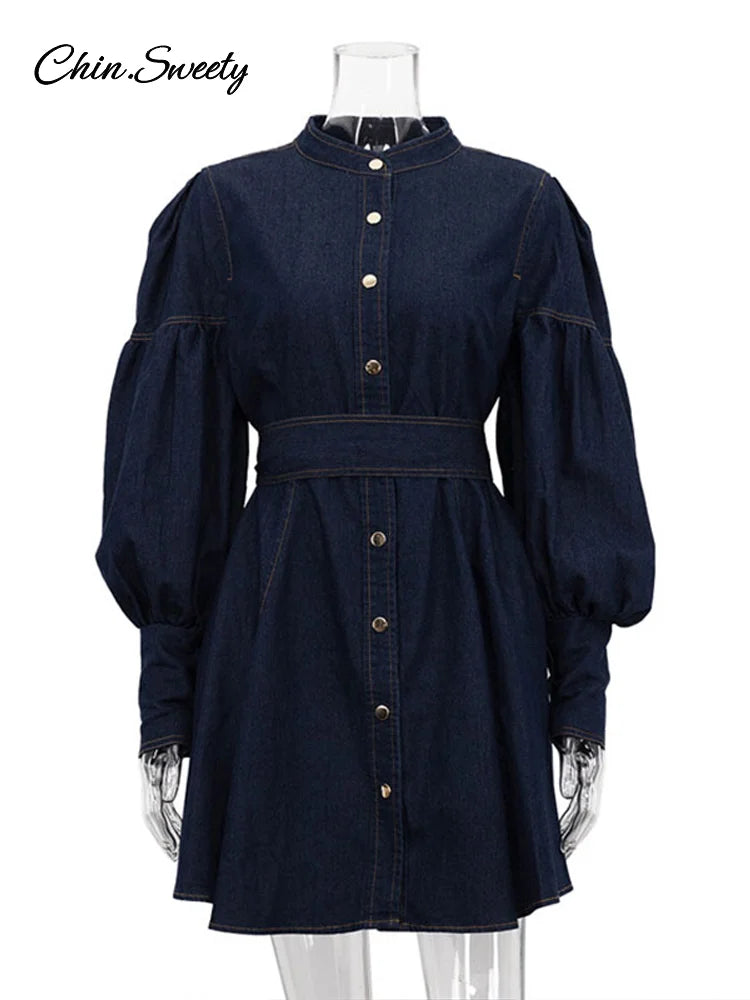 ’s Denim Blue Mini Dresses O-neck Long Sleeved Cinched High Waist Lace Up Dresses Spring Lady A-line Vestidos