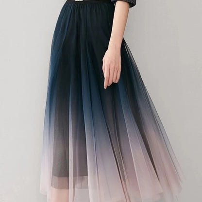 Tulle Skirts High Waist Gradient Mesh Pleated Midi Skirt Korean Elastic Loose All Match a Line Skirt