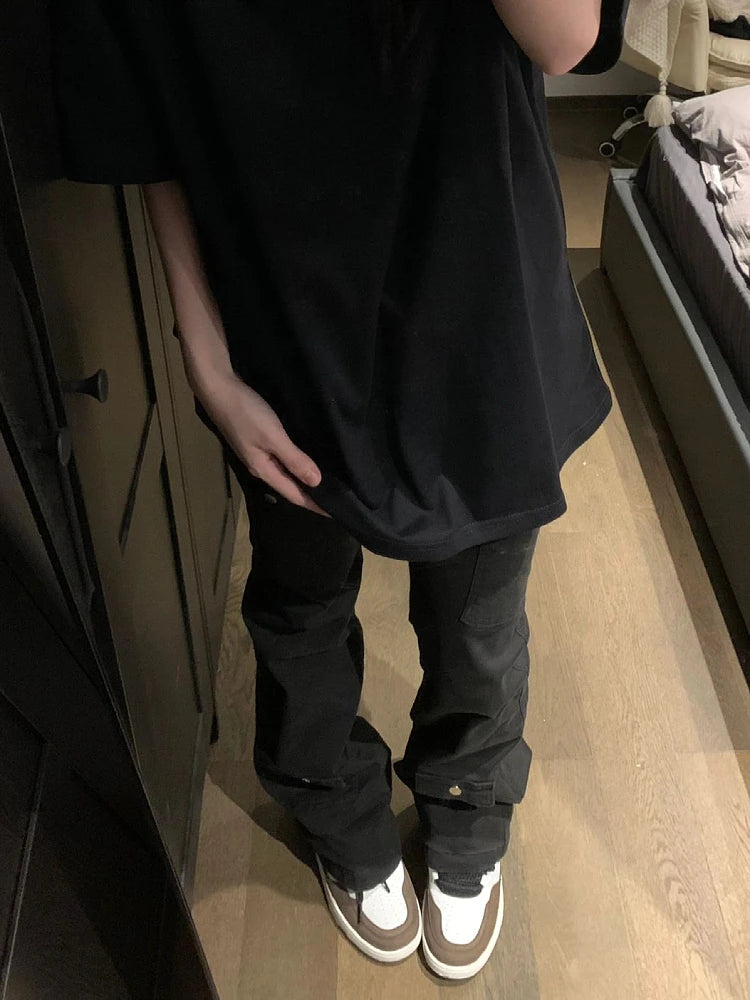 Woman Stretch Jeans Low Waist Denim Floorlength Multiple Pockets Dark Academia Pants Baddie Style Japanese