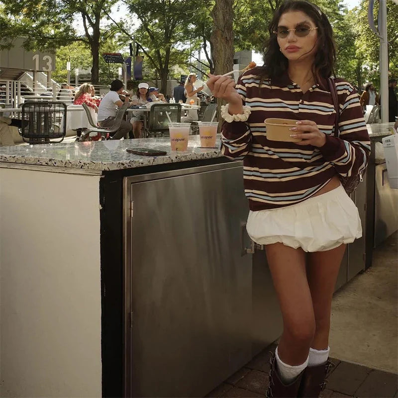Stripe T-shirt Short Sleeve Female All Match Polo Shirts Summer New Loose Tops High Street