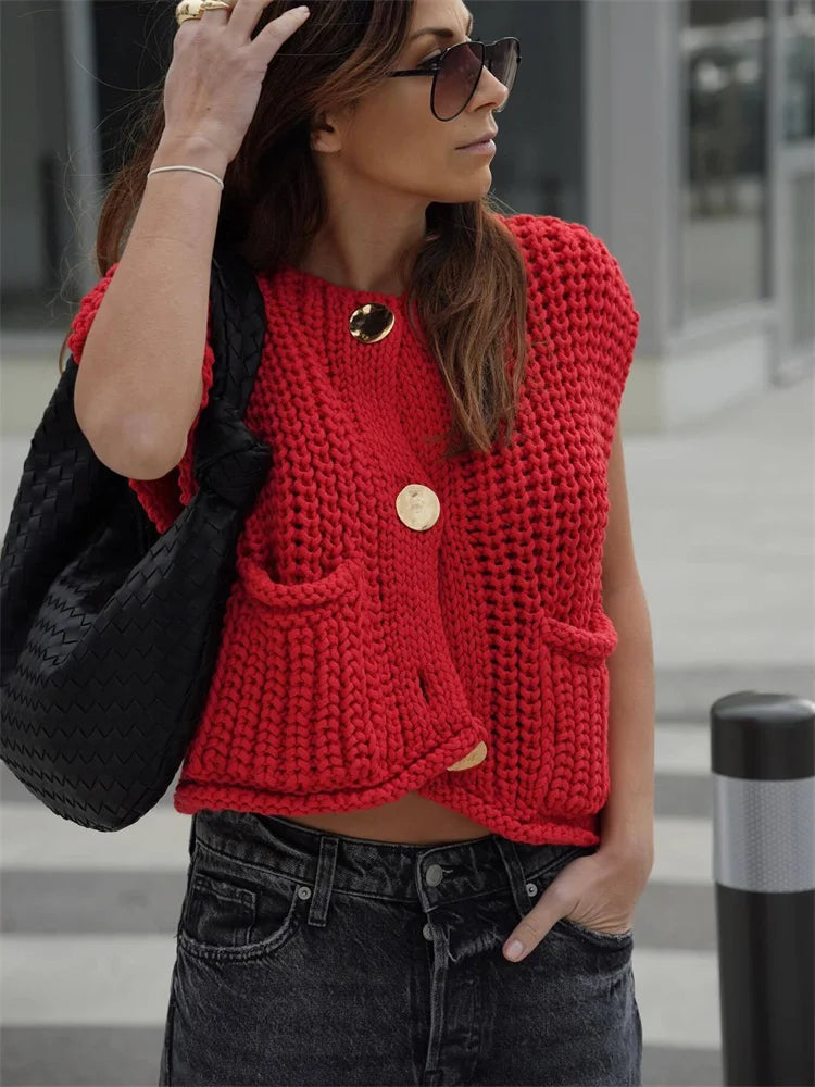 Knitwear Sweater Cardigan Pocket ’s Jackets Hollow Out Short Sleeve See-through Coat Female Knit Outwear