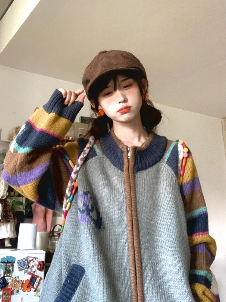 Contrast Color Rainbow Striped Sweater Female Pull Femme Knitted Cardigan Crew Neck Zipper Loose Thicken Coat